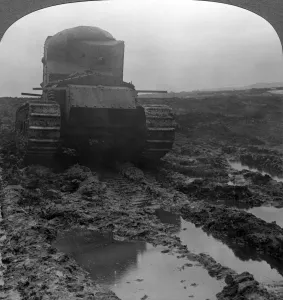 Whippet tank on a muddy battlefield, Morcourt, France, World War I, 1918. Artist: Realistic Travels Publishers