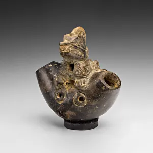 Ceramic And Pigment Prints: Whistle with an Iguana or Saurian Sculpted on its Surface, c. A. D. 1300. Creator: Unknown