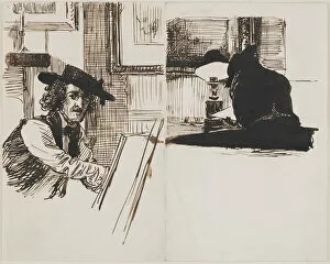Whistler drawing Poynter; back view of a man seated at a table near a lighted lamp, 1860