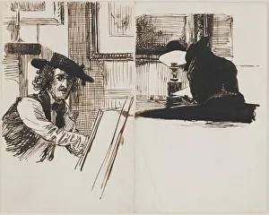 Edward Poynter Prints: Whistler drawing Poynter; back view of a man seated at a table near a lighted lamp, 1860