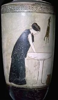 Attica Gallery: White-ground lekythos with a pianting of a woman at a wash basin, Attica, Greece, 470BC-460BC