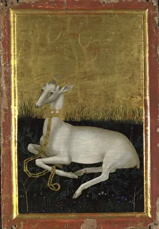 Animals And Birds Prints: A white hart chained with a crown around its neck (The outside panel of the Wilton Diptych)