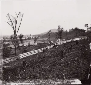 Brady Prints: [White picket fence with buildings in background]. Brady album, p. 123, 1861-65