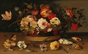 Balthasar Collection: A wicker basket with flowers and shells on a stone-ledge