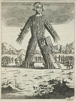 Celtic Mythology Gallery: Wicker man (from Britannia Antiqua Illustrata by Aylett Sammes), 1676. Artist: Anonymous