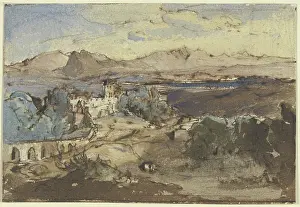 Friedrich Prints: Wide plateau with a lake, castle and aqueduct in the foreground