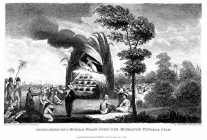 Brahmin Gallery: Widow of a Brahmin committing suttee on her husbands funeral pyre, India, 1815