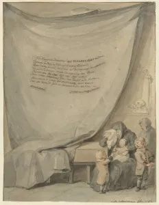 Widow with four children and a coffin, 1782. Creator: Aert Schouman