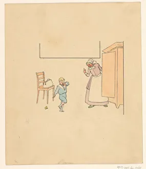 Weeping Prints: Wife and crying boy by a cupboard, c.1880-c.1910. Creator: Anon