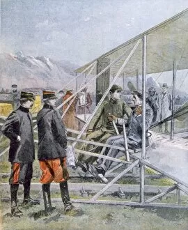 King Of Spain Gallery: Wilbur Wright showing the King of Spain how is plane operates, from Petit Journal pub