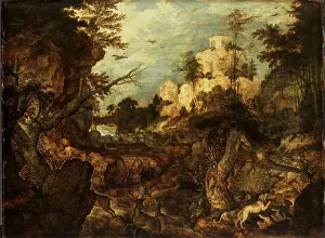 Wild Boar Prints: Wild boar hunt in a rocky landscape, 1620. Creator: Roelandt Savery