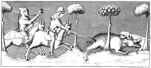 Wild boar hunting with dogs, 14th century (1849) Wild boar hunting with dogs, 14th century (1849)