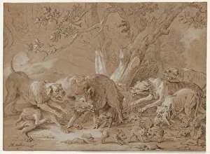 Wild Sow and Her Young Attacked by Dogs, 1748. Creator: Jean-Baptiste Oudry (French, 1686-1755)