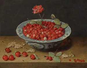 Awata Ware Prints: Wild Strawberries and a Carnation in a Wan-Li Bowl, c. 1620. Creator: Jacob van Hulsdonck