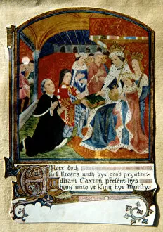 Caxton Collection: William Caxton, English printer, presenting a book to King Edward IV, 1477