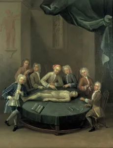Livery Company Prints: William Cheselden giving an anatomical demonstration to six spectators in the anatomy
