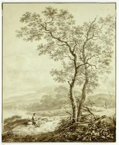 Knapsack Prints: Winding Road Beside Lake, with Large Tree and Resting Traveler in Foreground