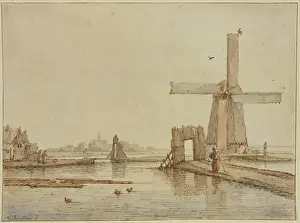 Windmill on a narrow causeway, three ducks in the foreground, 17th century. Creator: Anthonie van Borssom
