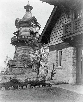 Cyanotypes 1900 1910 Gmgpc Prints: Windmill-shaped clock tower at left