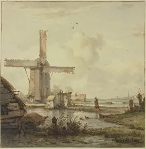 Windmill in front of a town with a tall tower, a woman walking on a cane... 18th century. Creator: Jan Hulswit