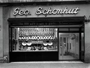 Food Industry Prints: Window of George Schonhuts butchers shop, Barnsley, South Yorkshire, 1955. Artist