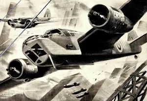 Charcoal Prints: Wing Commander H I Edwards, RAF: aircraft in bombing raid