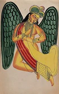 Kalighat Prints: A winged apsaras blowing the horn, (c1880?). Creator: Unknown