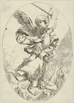 Descent Prints: The winged archangel Saint Michael holding a sword and standing on the head of the devil