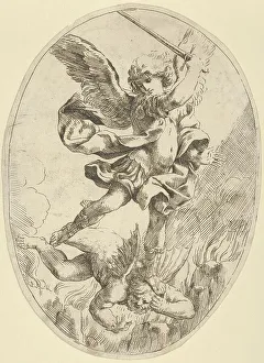 Descent Prints: The winged archangel Saint Michael holding a sword and standing on the head of the devil