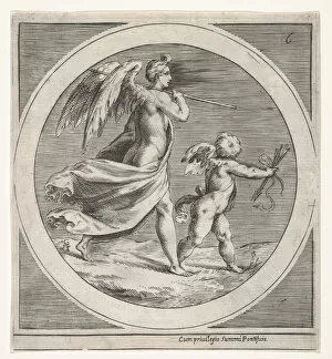 Winged female figure, draped and carrying a staff, striding behind a winged putto... ca