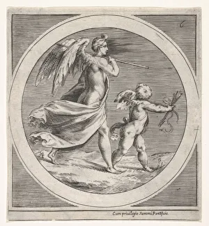 Borghegiano Gallery: Winged female figure, draped and carrying a staff, striding behind a winged putto... ca