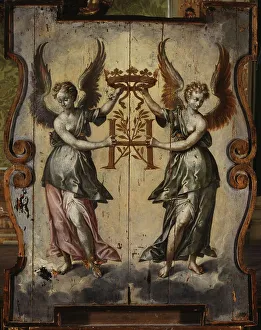Letter H Prints: Two winged figures supporting an H topped with a ducal crown