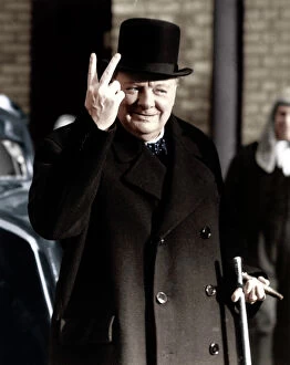 World War Two Gallery: Winston Churchill making his famous V for Victory sign, 1942