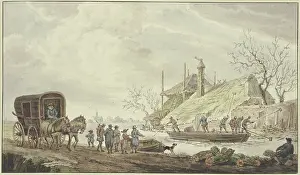 Waggon Prints: Winter landscape, at a farm boatmen are cutting the ice