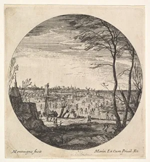 Roundel Prints: Winter landscape with figures skating on a frozen body of water in a roundel compos