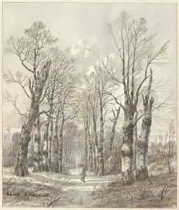 Wood Gathering Prints: Winter landscape with firewood gatherer on forest path