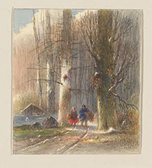 Wood Gathering Prints: Winter landscape: two firewood gatherers coming out of the forest