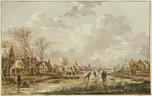 Frozen Prints: Winter landscape, on a frozen river near a small town ice skaters