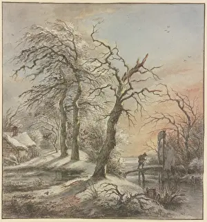 Cottages Prints: Winter landscape, a hiker crosses a stream on a footbridge