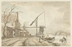 Cranes Prints: Winter landscape with houses and lifting gear along frozen canal