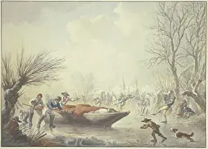 Shore Prints: Winter landscape, on the ice three men push a boat towards the shore