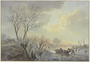 Shore Prints: Winter landscape, on the ice three men push a boat towards the shore
