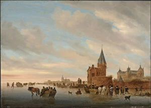Winter Landscape with Ice pleasures in front of a Capriccio of the city of Arnheim, 1652