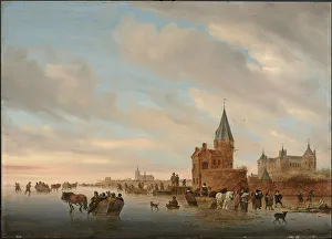 Winter Landscape with Ice pleasures in front of a Capriccio of the city of Arnheim, 1652. Artist: Ruisdael, Salomon Jacobsz, van (1600 / 3-1670)