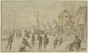 Winter landscape, on the ice many skaters, on the right a man is putting skates... 17th century. Creator: Hendrick Avercamp