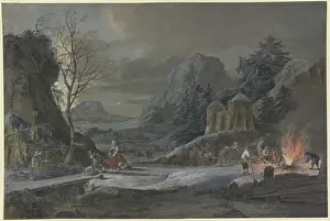 Valley Prints: Winter landscape in moonlight, on the right farmers tend a large fire