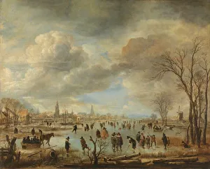 Neer Aert Van Der Prints: Winter Landscape near a Town with Kolf Players and Horse-Drawn Sleighs