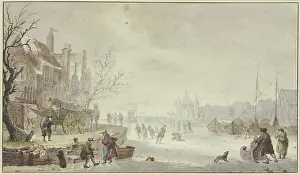 Waggon Prints: Winter landscape, on the river ice skaters