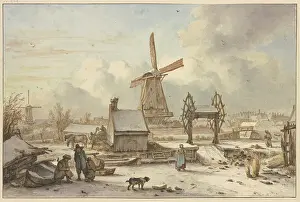 Shed Prints: Winter landscape with a ship lift and windmill, 18th century. Creator: Jan Hulswit