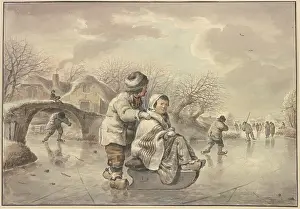 Chalk On Paper Prints: Winter landscape with skaters, 18th century. Creator: Jacob van Strij